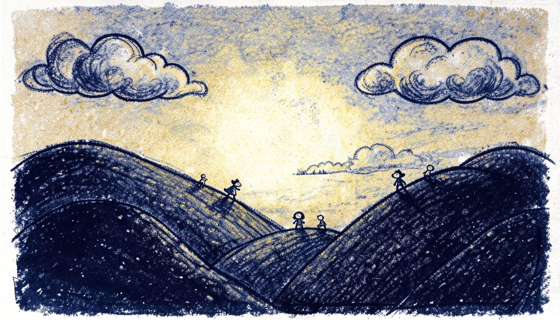 A bold charcoal drawing of a whimsical cartoon landscape with rounded hills, playful clouds, and small figures under a soft glowing sky, rendered in deep navy and warm gold tones with a calm, storybook mood
