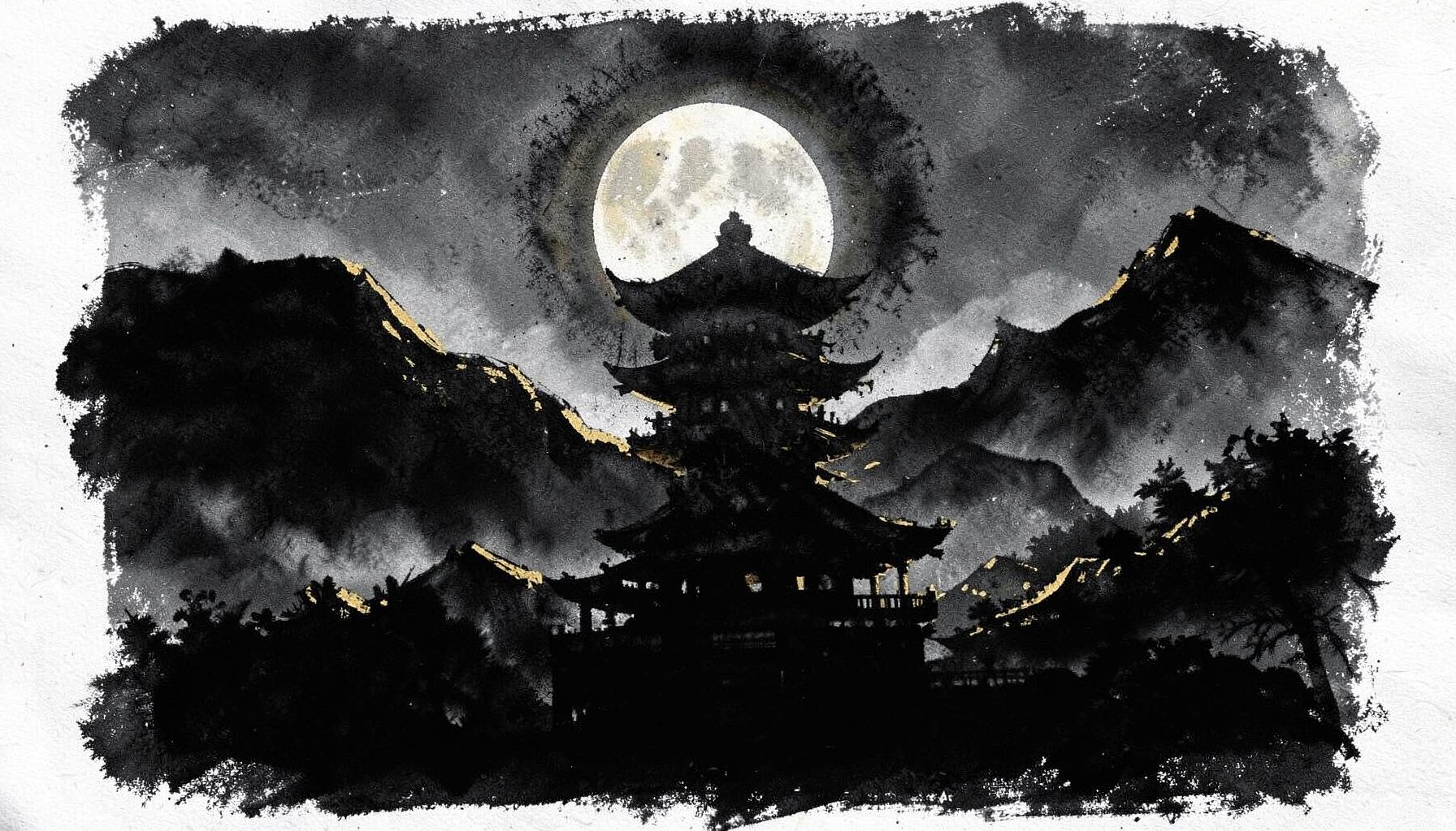 A bold charcoal illustration of a moonlit pagoda silhouette over misty mountains, rendered in deep blacks and gold accents.