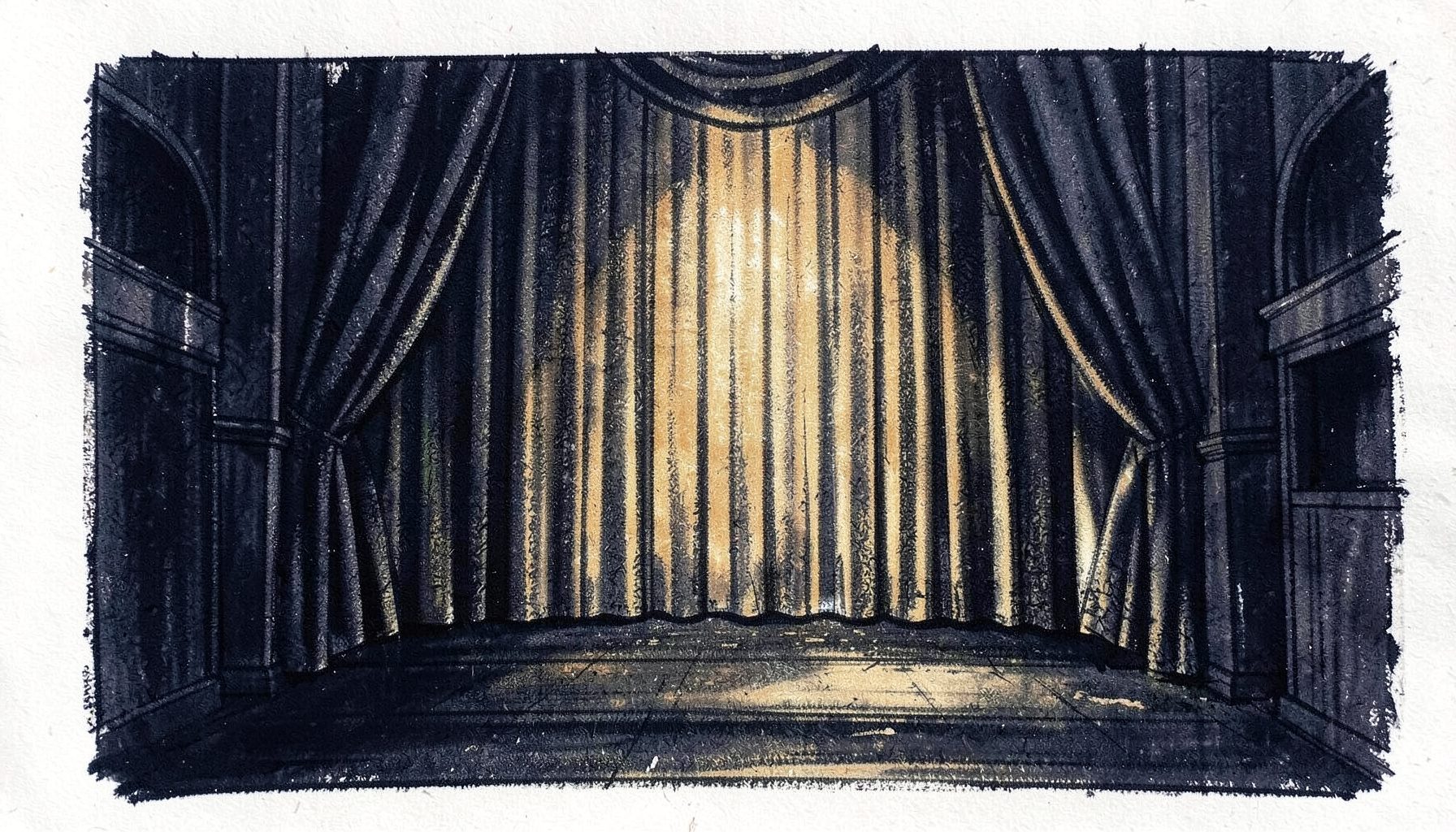 A bold charcoal sketch of an art deco curtain softly lit by warm golden stage lights, dark navy shadows filling the empty cinema hall