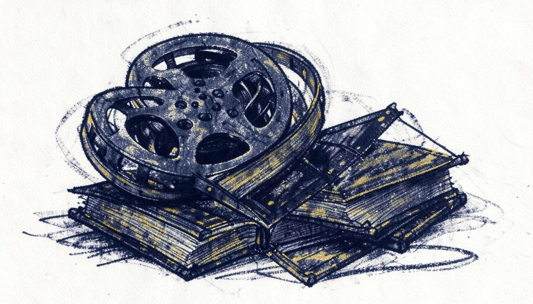 A bold charcoal sketch of stacked film reels and open books, drawn in dark navy and muted gold tones, evoking a quiet archive of stories