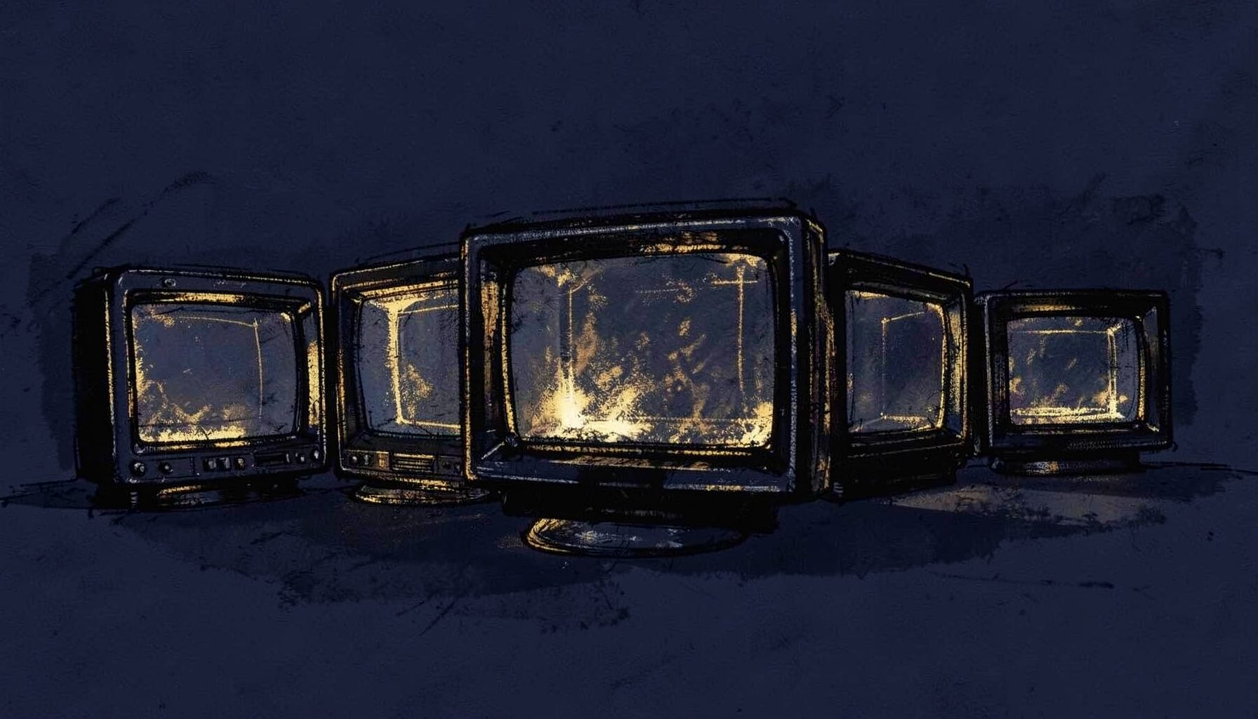 Bold charcoal drawing of a row of television screens glowing against a dark navy background, with rough sketchy outlines and warm gold highlights suggesting a moody streaming archive
