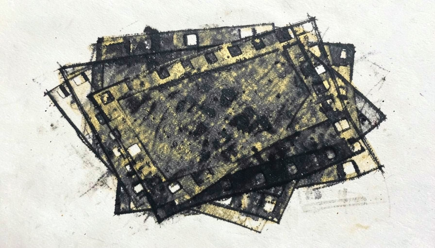 Bold charcoal drawing of overlapping rectangular panels suggesting a stacked film strip, in muted gold and dark slate tones with a moody, atmospheric feel.