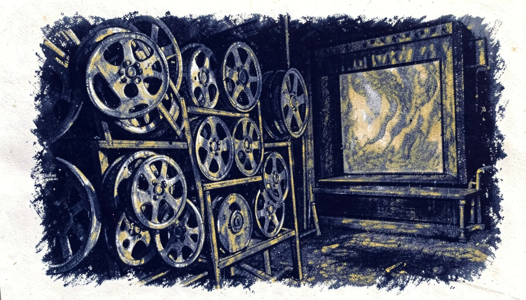 Bold charcoal drawing of a rack of film reels and a cinema screen, rendered in deep navy and muted gold tones, moody and atmospheric